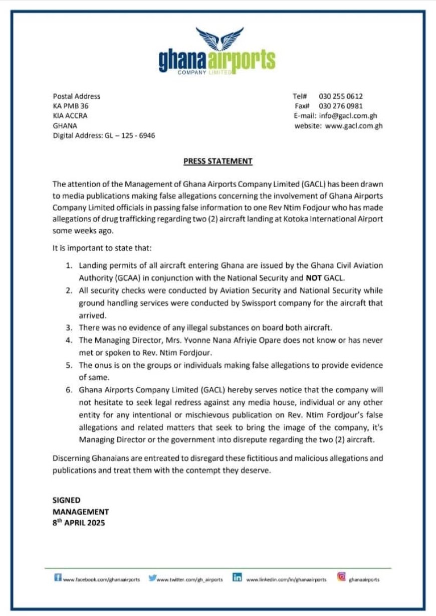 Ghana Airports Company Dismisses Drug Trafficking Allegations, Threatens Legal Action
