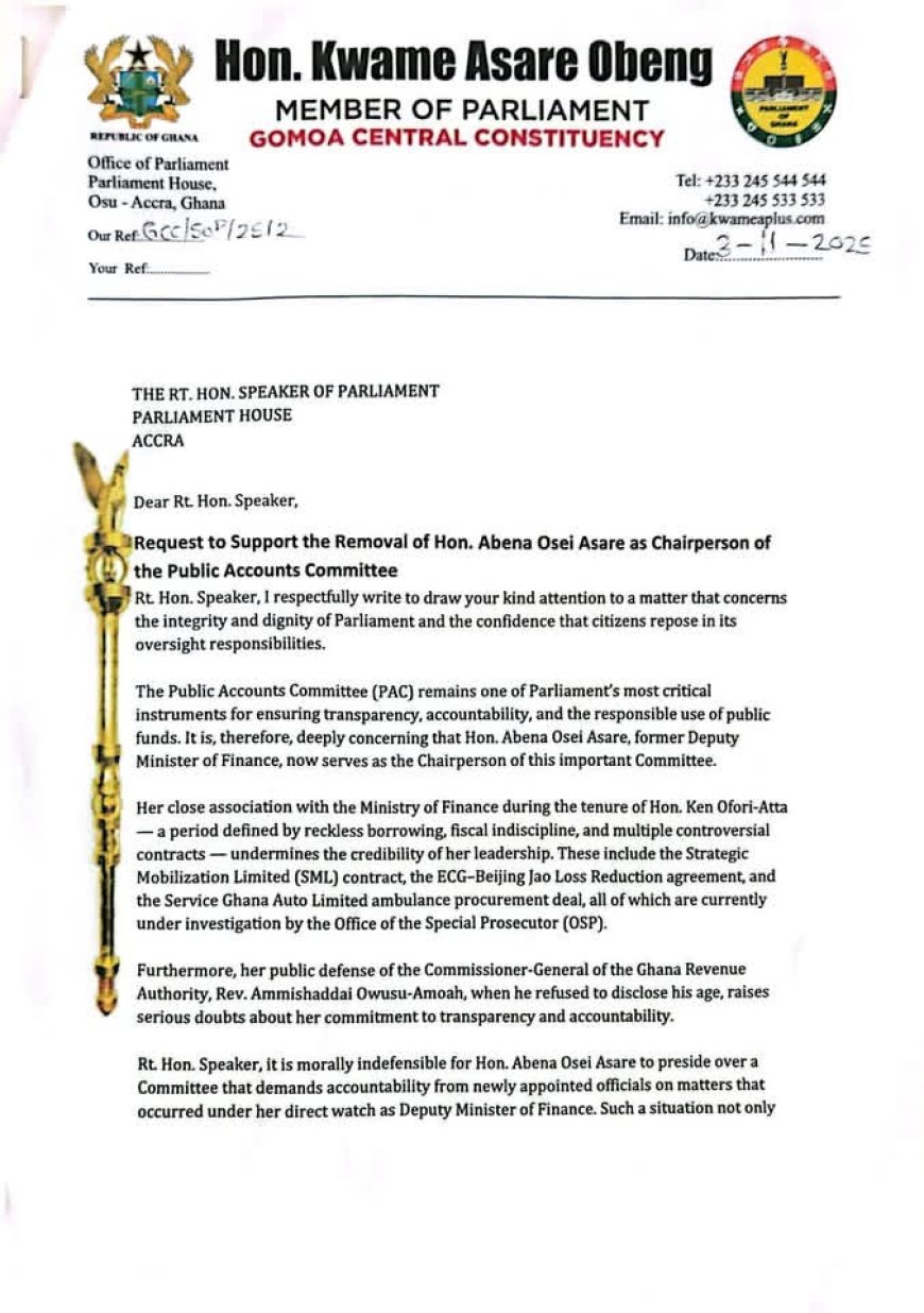 Gomoa Central MP petitions Speaker to remove Hon. Abena Osei Asare as PAC Chair