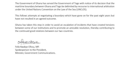 Ghana Refers Maritime Boundary Dispute with Togo to International Arbitration